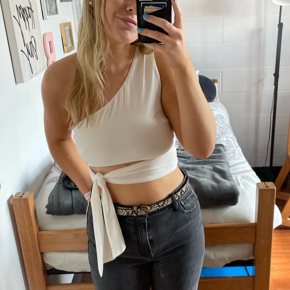 Blue Blush One-Shoulder Crop Top with Tie Detail